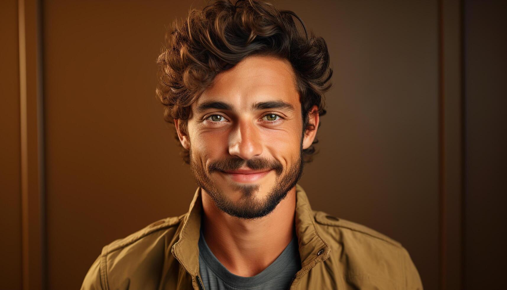 AI generated A confident, smiling man with a beard and brown hair generated by AI photo