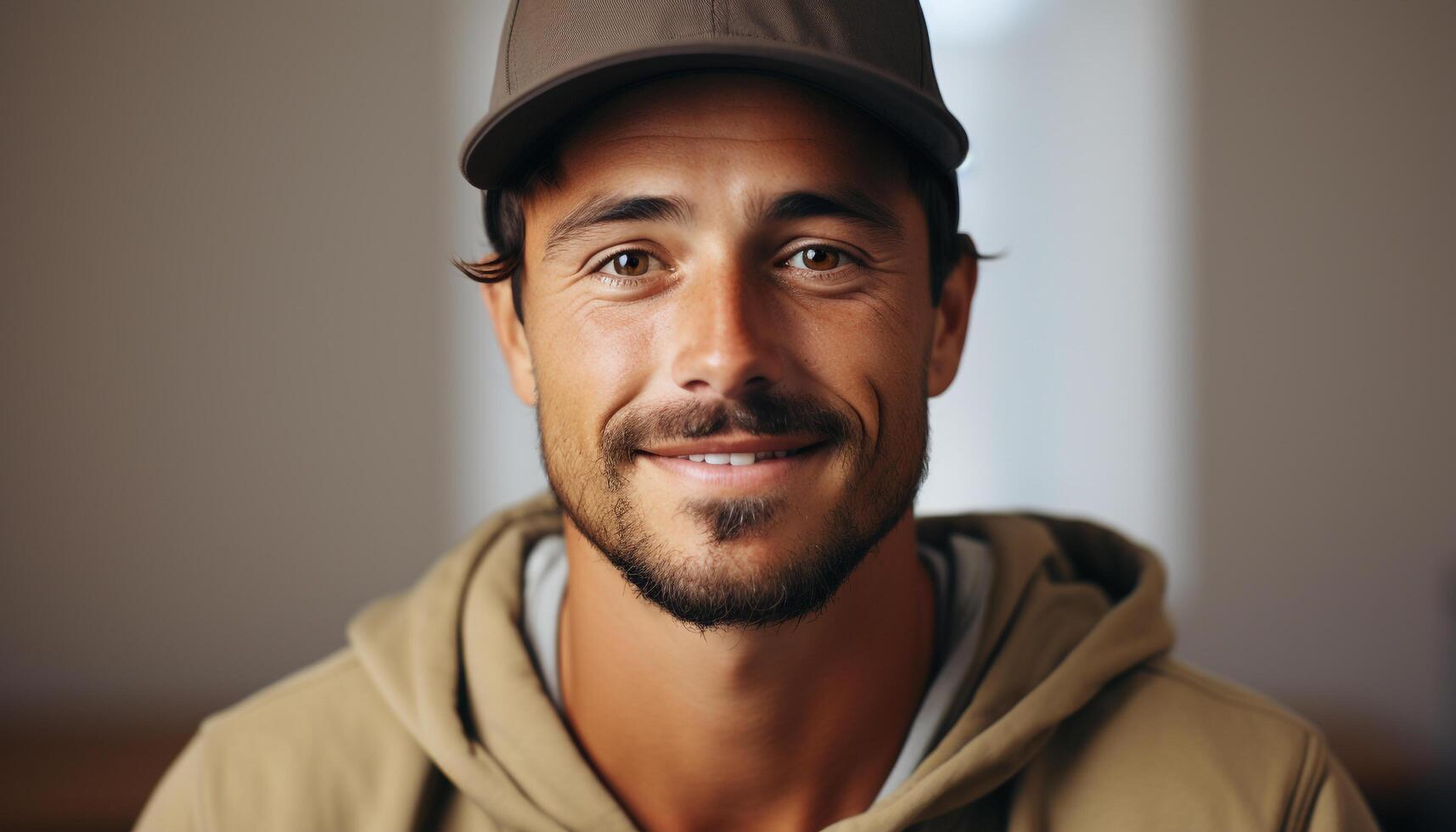 AI generated A happy, confident man with a beard and a cap generated by AI photo