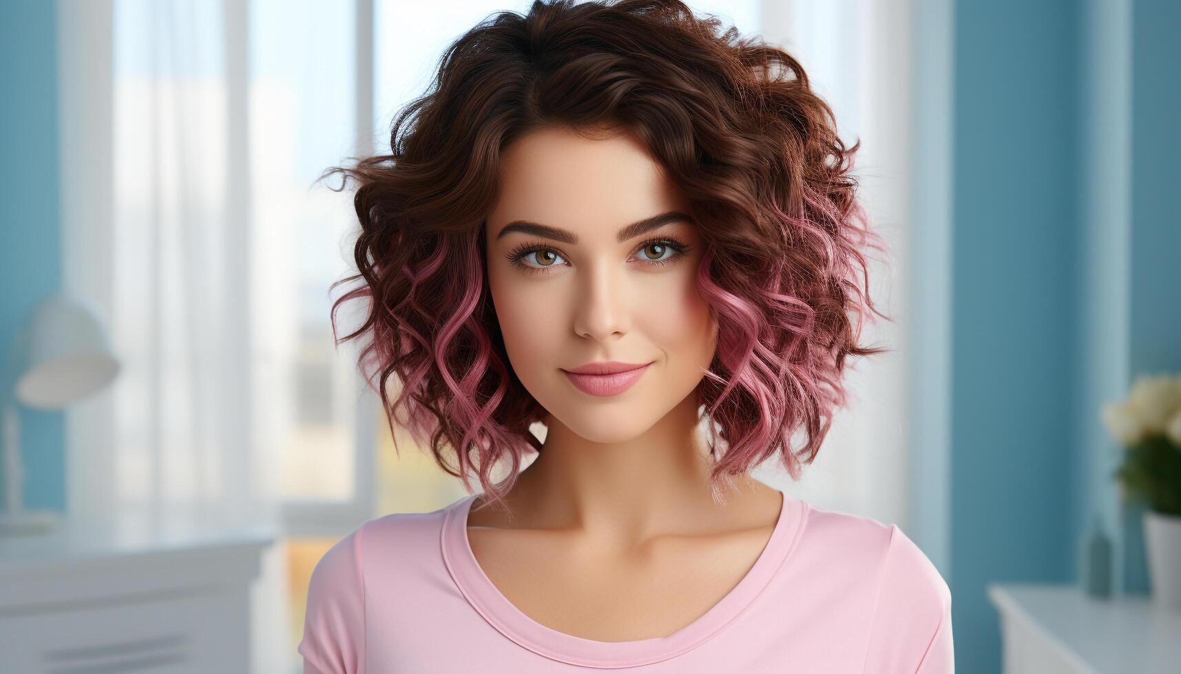 AI generated One beautiful woman, smiling, looking at camera, with curly hair generated by AI photo