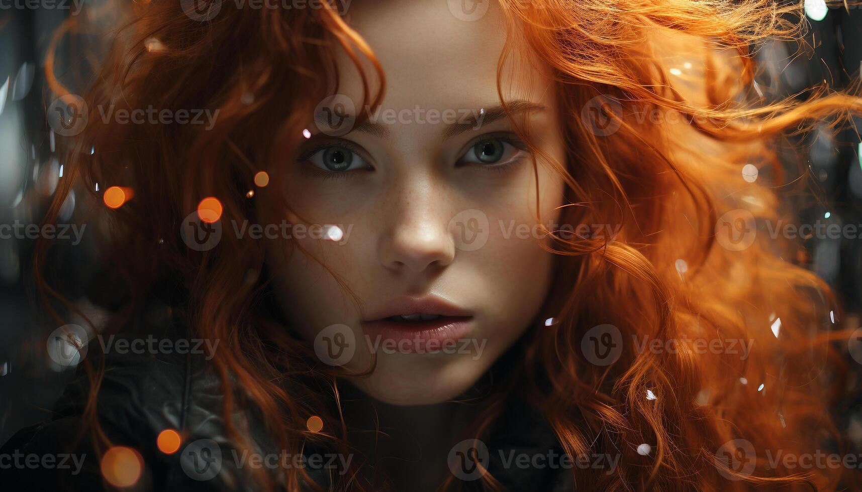 AI generated Young woman with long curly hair looking at camera outdoors generated by AI photo
