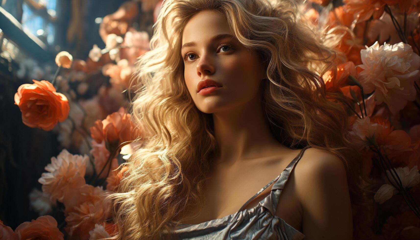 AI generated Young woman with long blond hair, smiling, looking at camera generated by AI photo