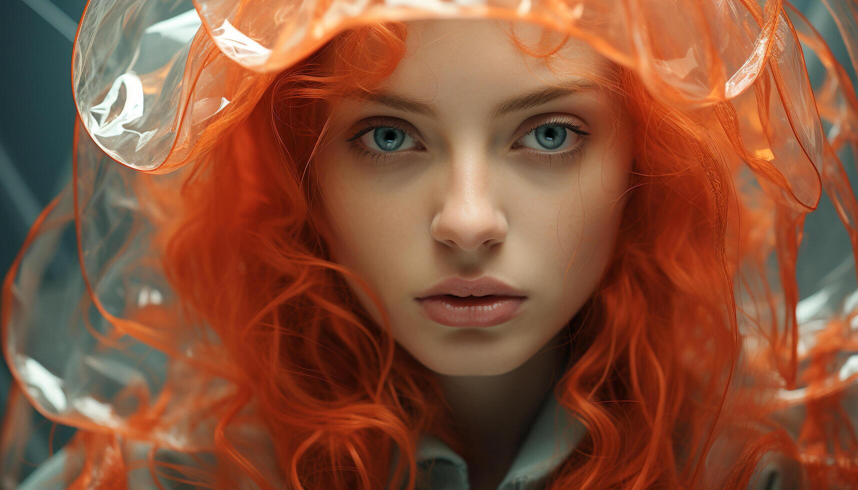 AI generated Beautiful young woman with curly red hair looking at camera generated by AI photo