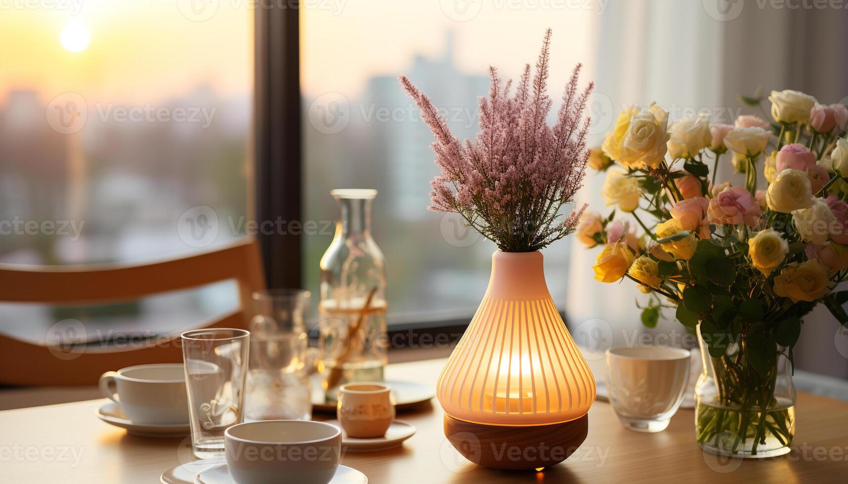 AI generated Modern home interior with a vase of fresh flowers on a wooden table generated by AI photo