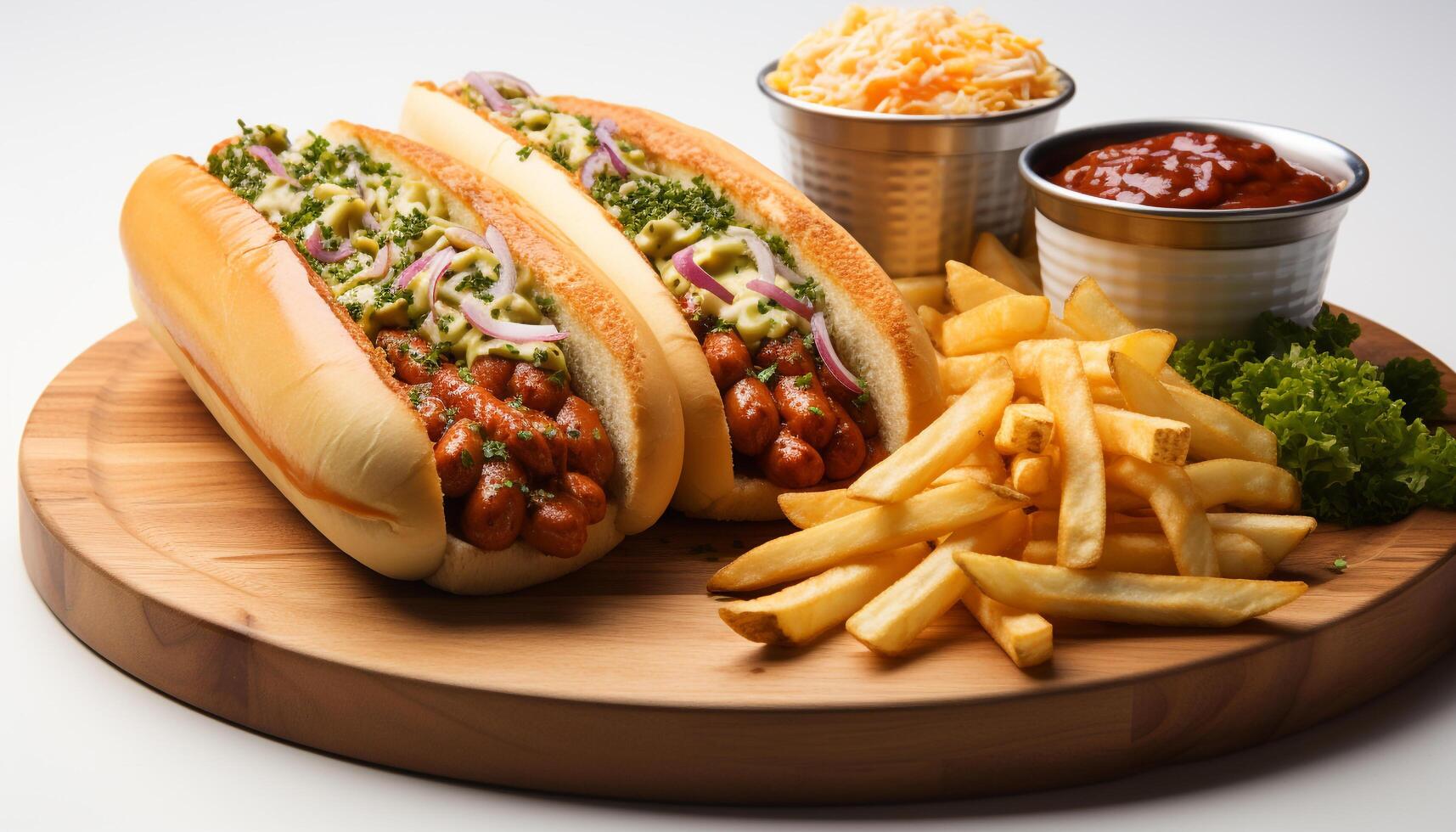 AI generated Grilled beef sandwich, fries, and drink American picnic meal generated by AI photo