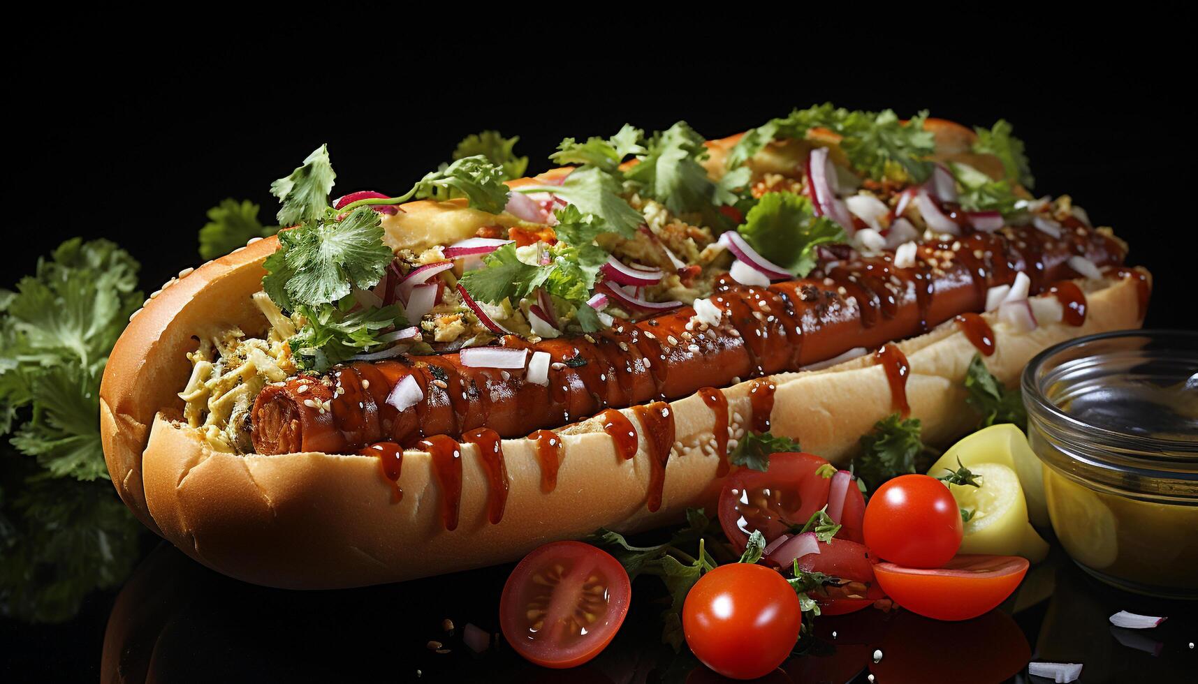 AI generated Grilled meat on bun, fresh salad, no people, picnic background generated by AI photo