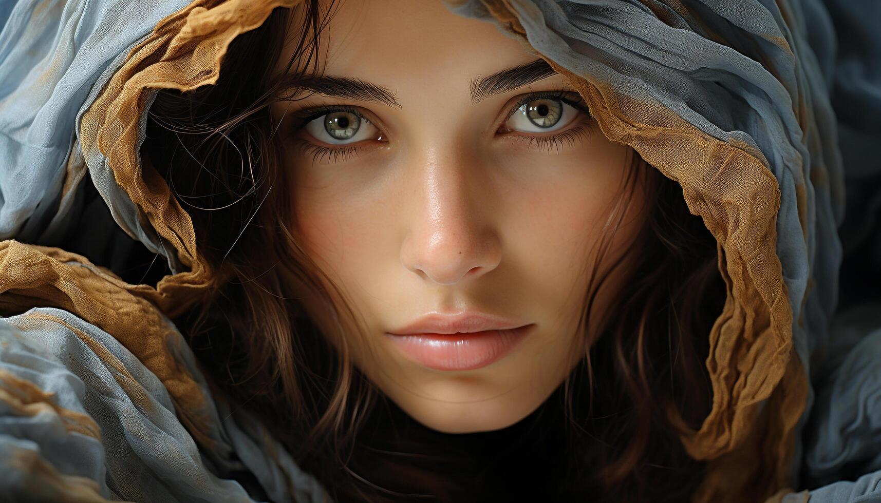 AI generated Beautiful woman with brown hair looking at camera outdoors generated by AI photo