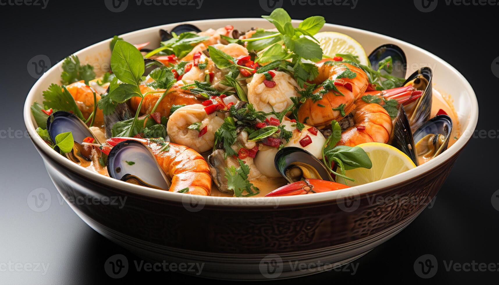 AI generated Fresh seafood appetizer grilled prawn, fish, and scampi with pasta generated by AI photo
