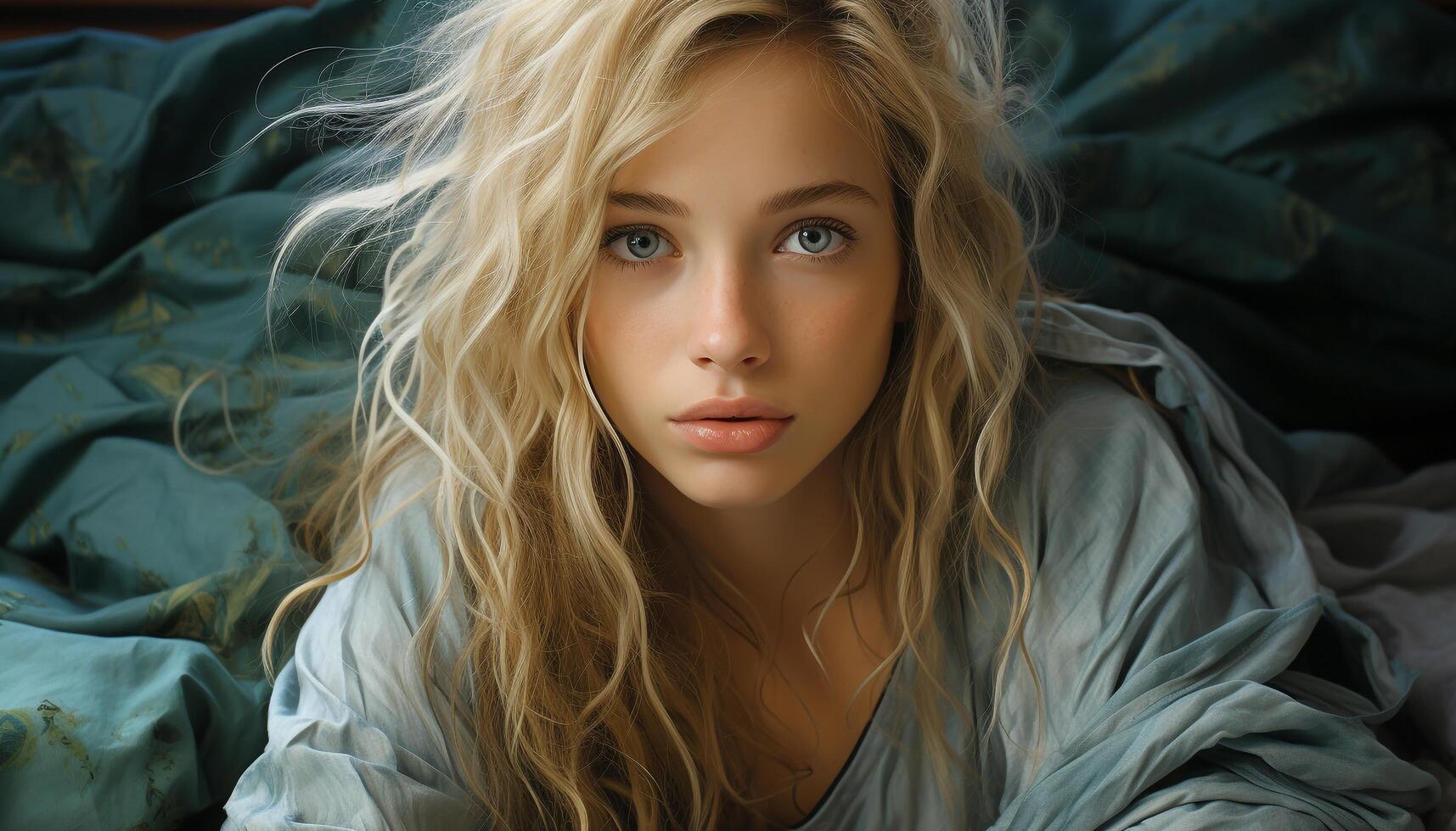 AI generated Beautiful blond woman looking sensually at camera in bedroom generated by AI photo