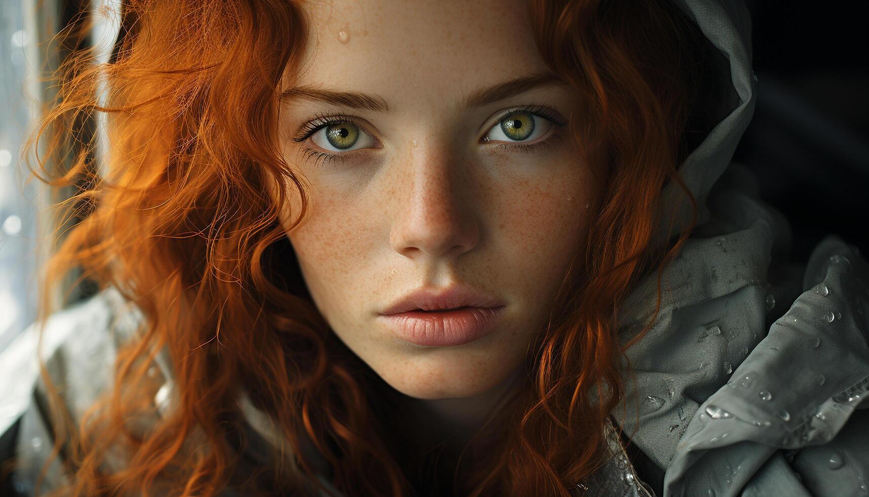AI generated One young woman, outdoors, looking at camera, confident and smiling generated by AI photo