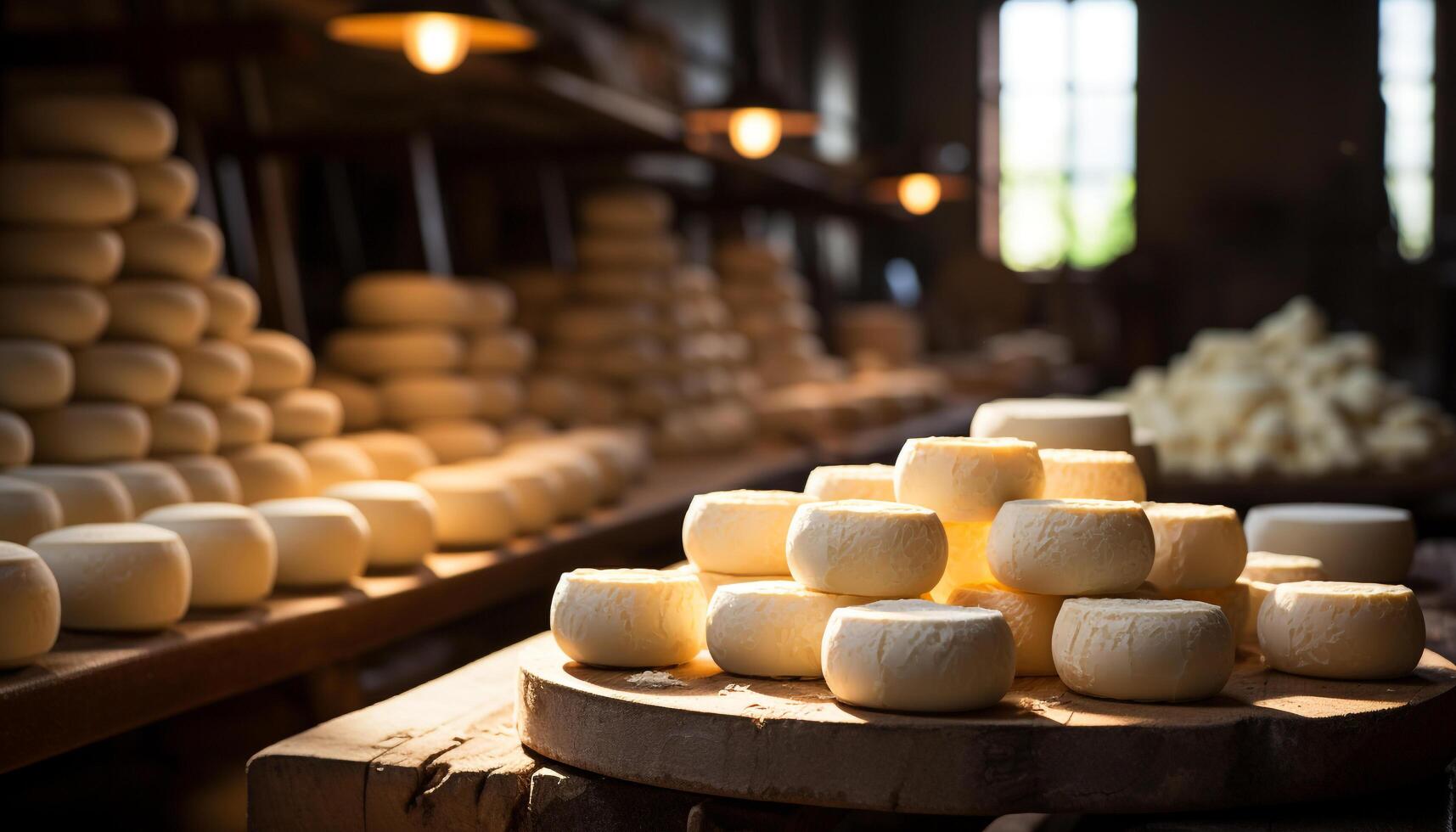 AI generated Cheese making tradition in French farm, aging process in cellar generated by AI photo