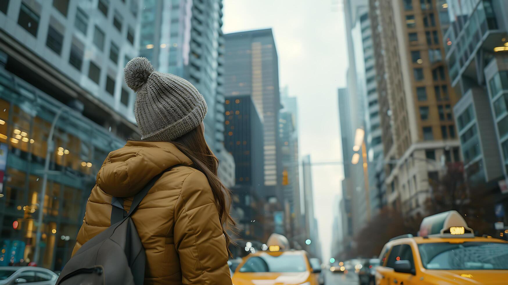 AI generated Urban Woman Hails Yellow Taxi on Bustling City Street with Tall Buildings and Traffic photo