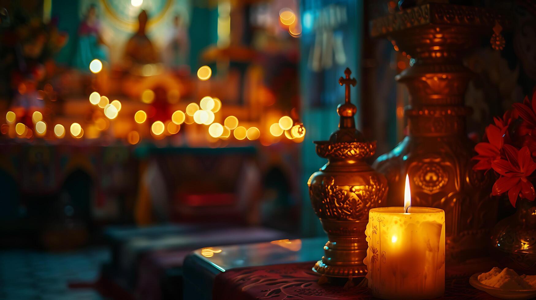 ai generado atmosférico cultural santuario iluminado por luz de una vela y diverso religioso íconos foto