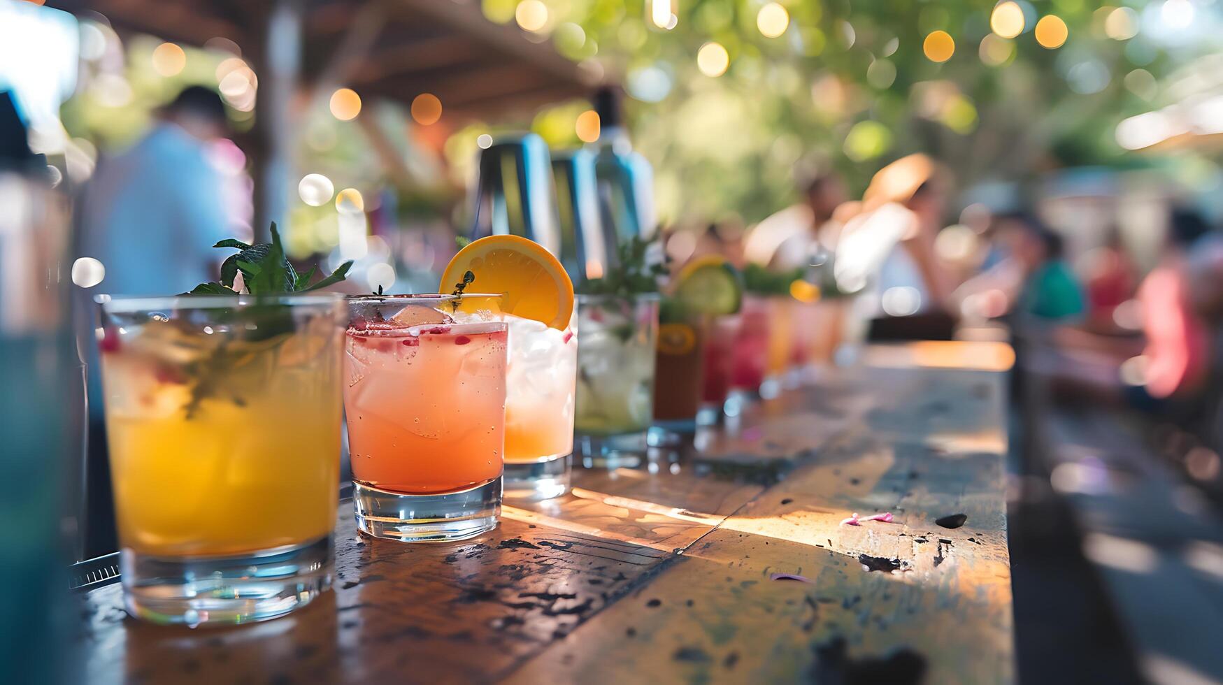 ai generado vistoso cócteles línea el de madera bar en animado social ajuste foto