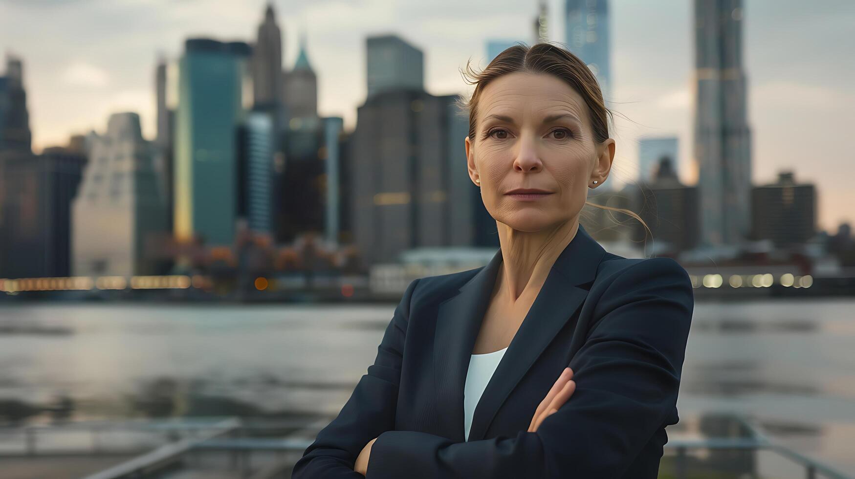 AI generated Futuristic Businesswoman Embraces Modern Urban Mobility on Electric Scooter Amidst City Skyscrapers photo