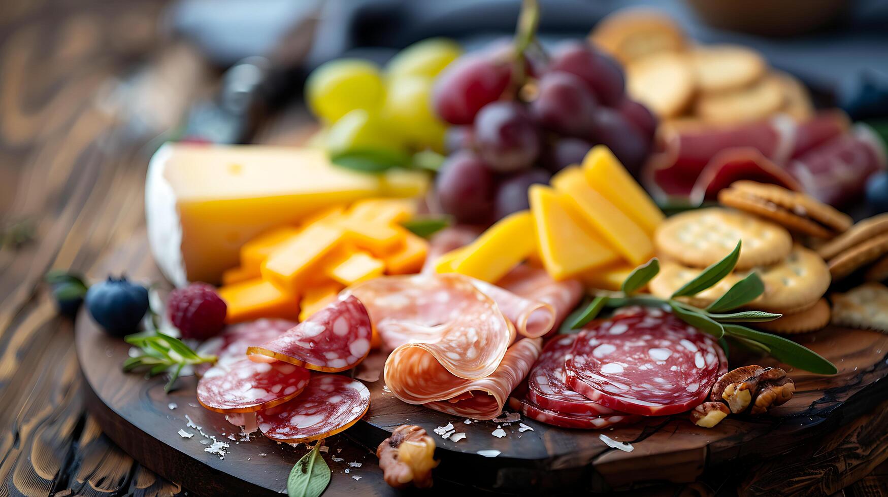 AI generated Artfully Composed Rustic Charcuterie Board Displayed in Soft Natural Light on Wooden Table photo