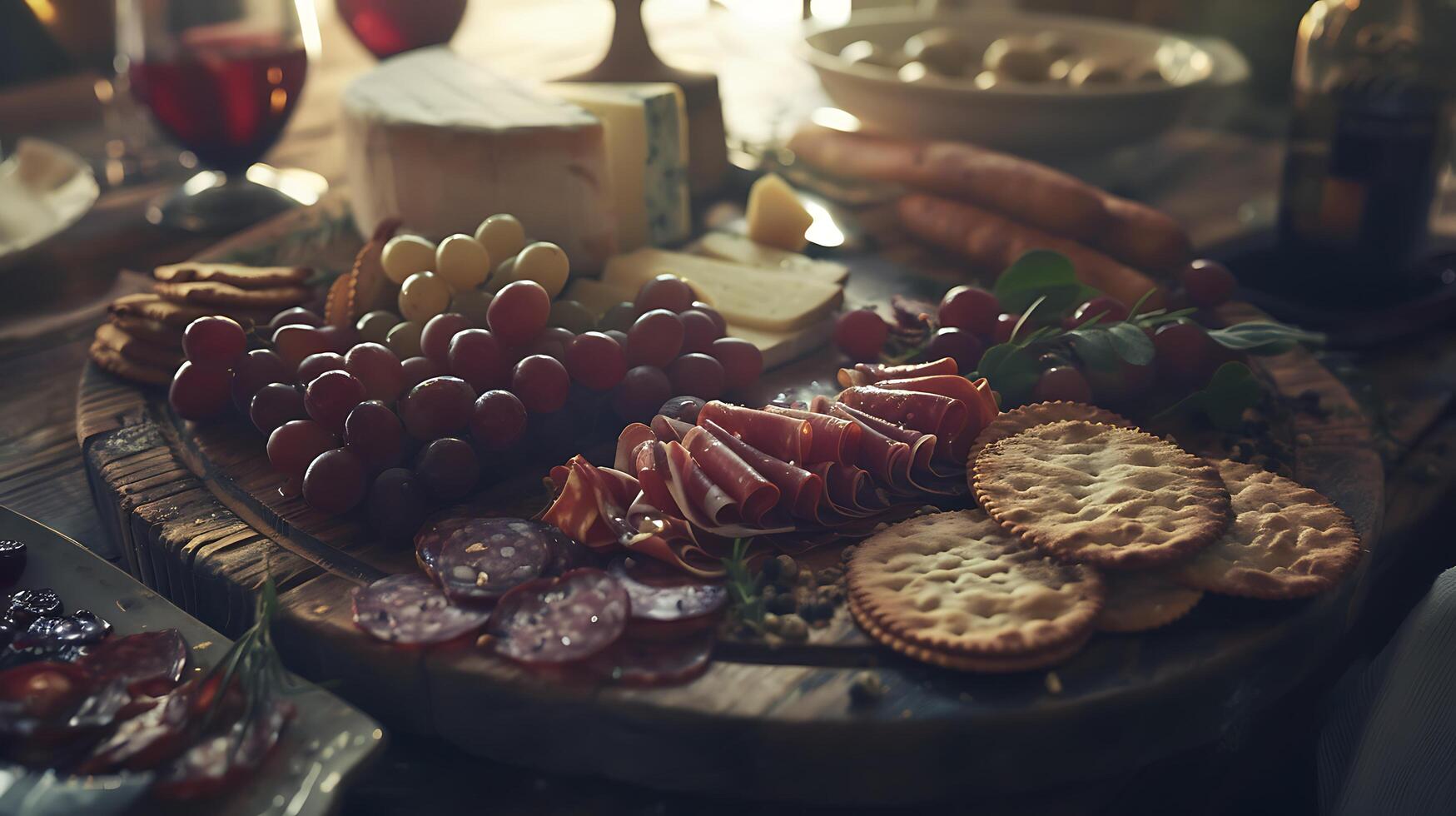 AI generated Artfully Arranged Charcuterie Board Showcases Assorted Cheeses Meats Fruits and Nuts in Soft Natural Light photo