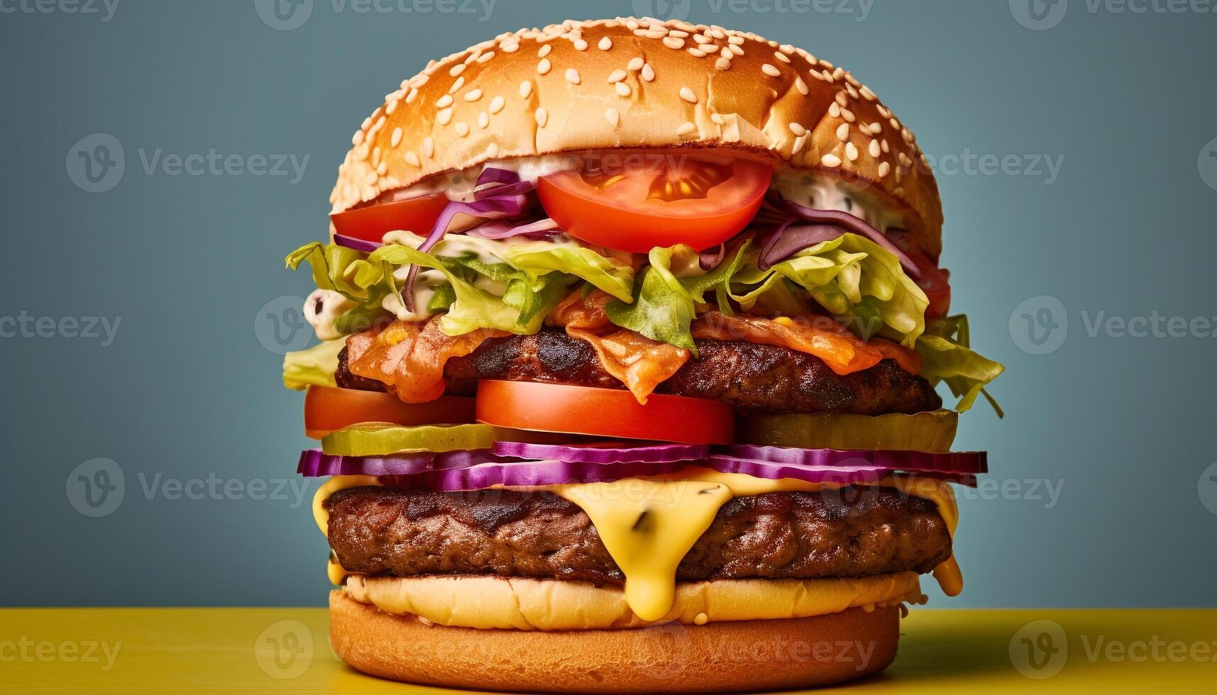 AI generated Grilled beef burger with cheese, tomato, and gourmet bun generated by AI photo