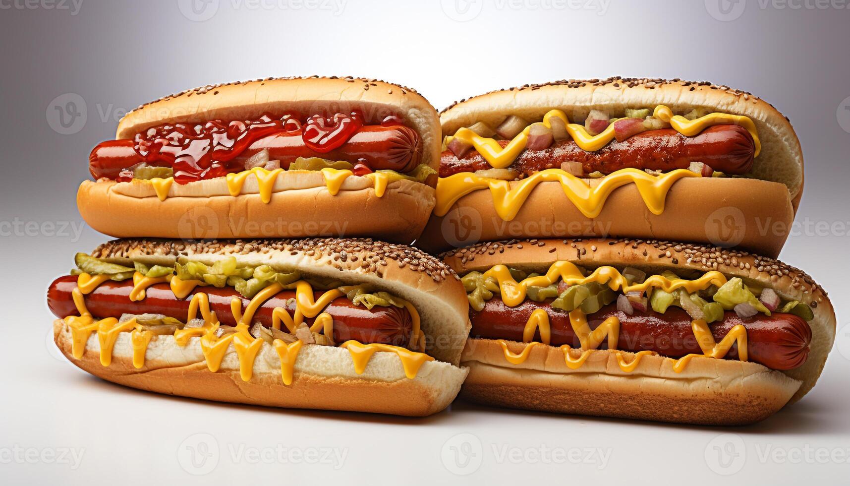 AI generated Grilled beef hot dog on bun with ketchup, unhealthy meal generated by AI photo
