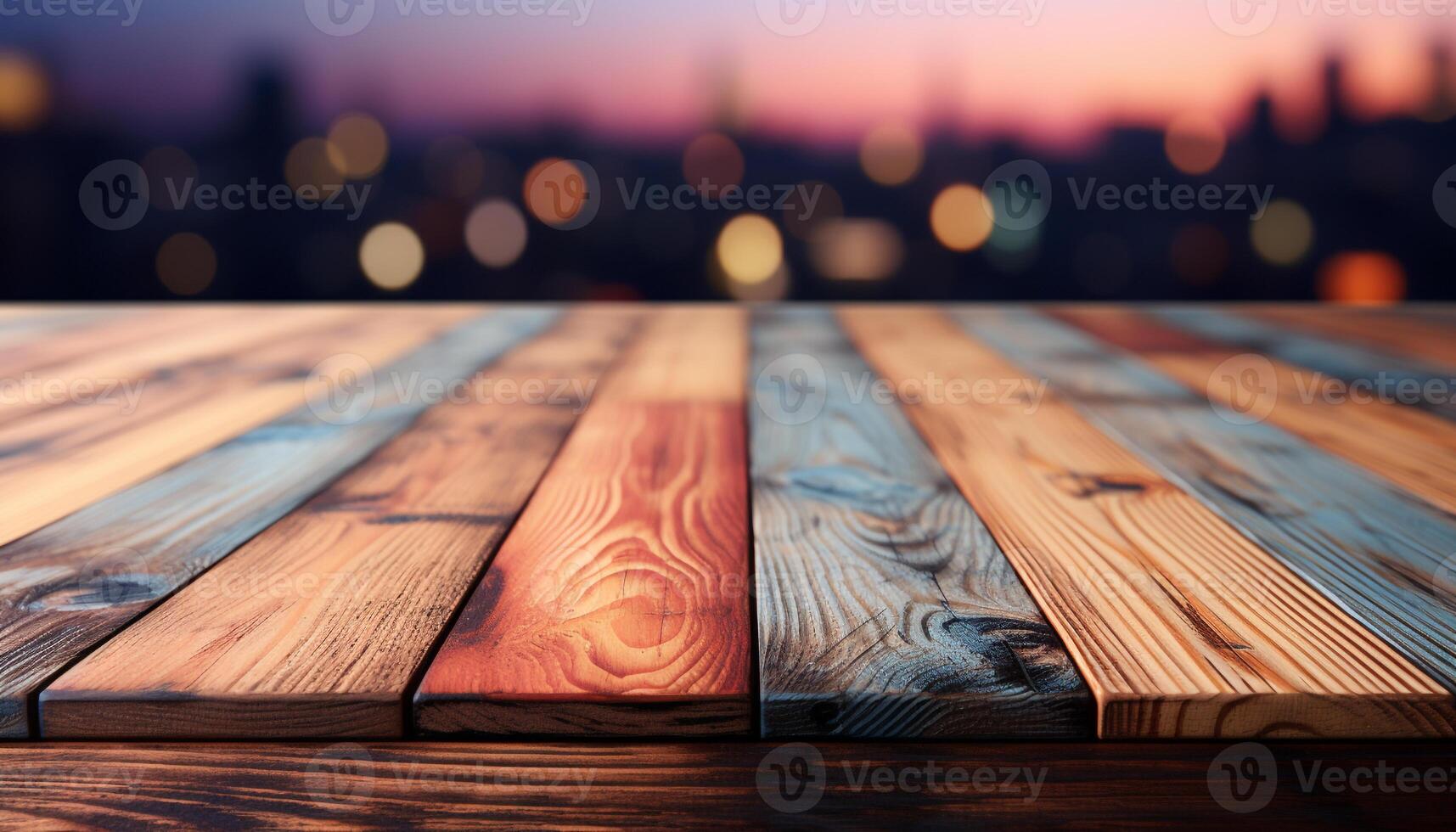 AI generated Bright city skyline illuminates modern wooden table in empty room generated by AI photo