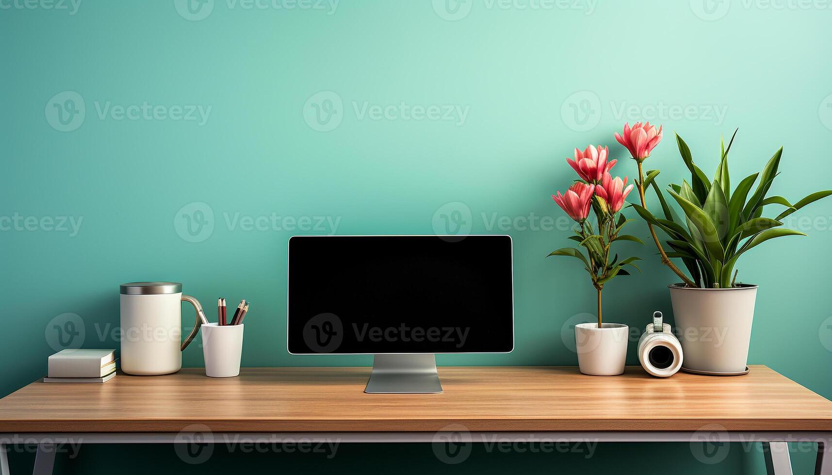 AI generated Modern office desk with computer, plant, and coffee on table generated by AI photo
