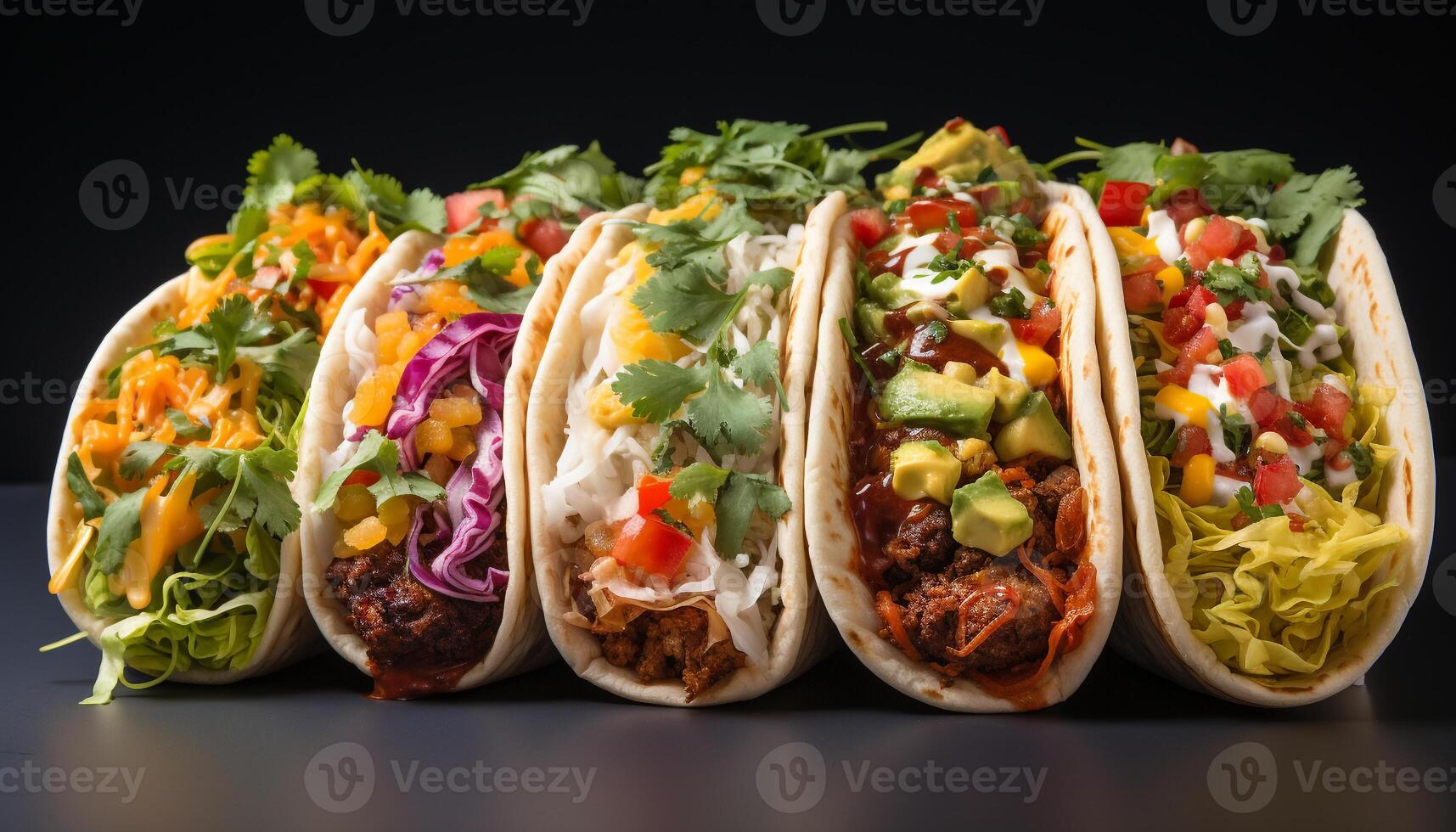 AI generated Grilled beef taco with guacamole, tomato, and cheddar cheese generated by AI photo