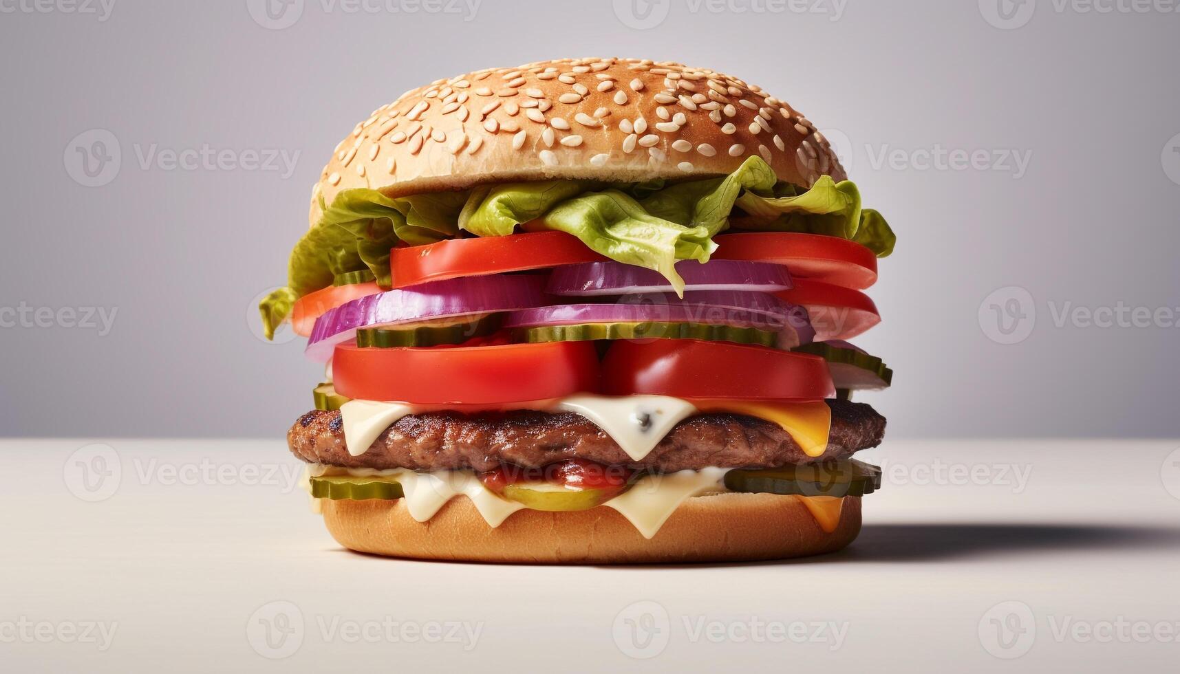 AI generated Gourmet cheeseburger on ciabatta, ready to eat, with fresh salad generated by AI photo