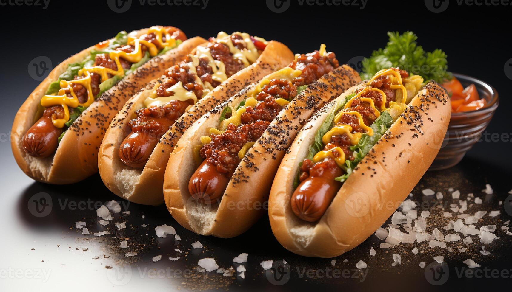 AI generated Grilled beef hot dog on bun with ketchup and onion generated by AI photo