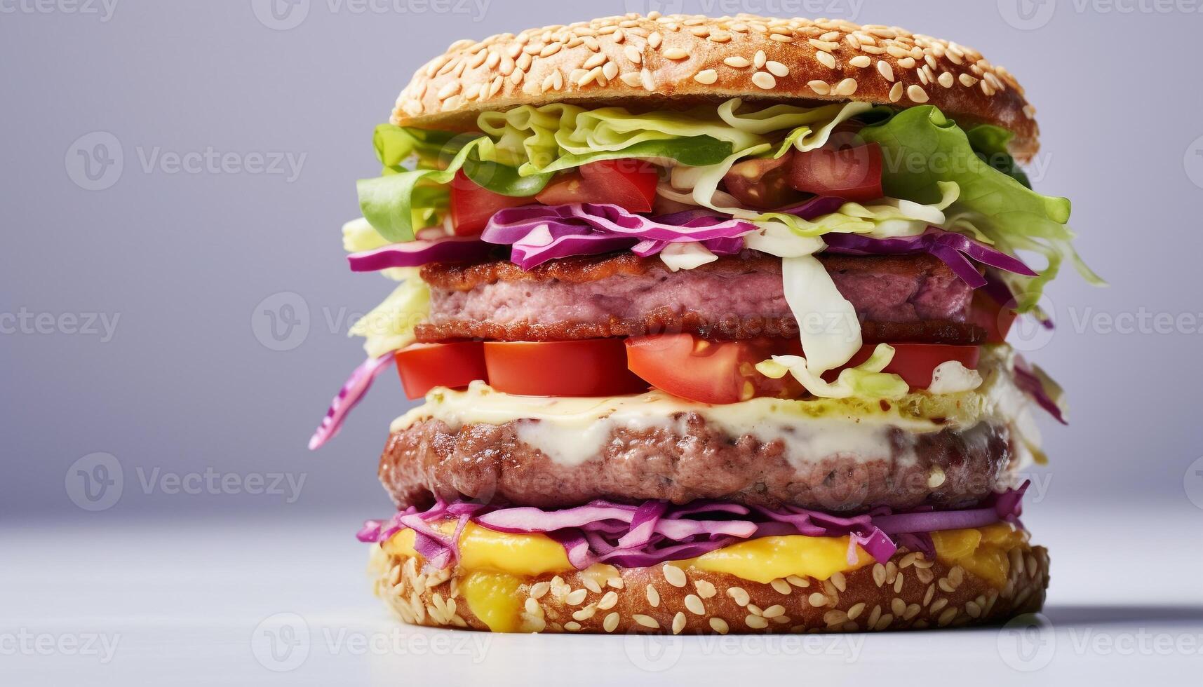 ai generado frescura y sabor en un gastrónomo hamburguesa con queso con A la parrilla carne generado por ai foto