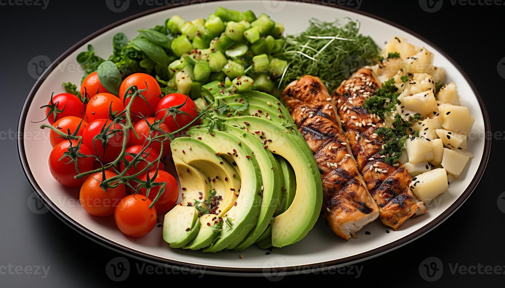 AI generated Grilled meat and vegetables on plate, a healthy gourmet meal generated by AI photo