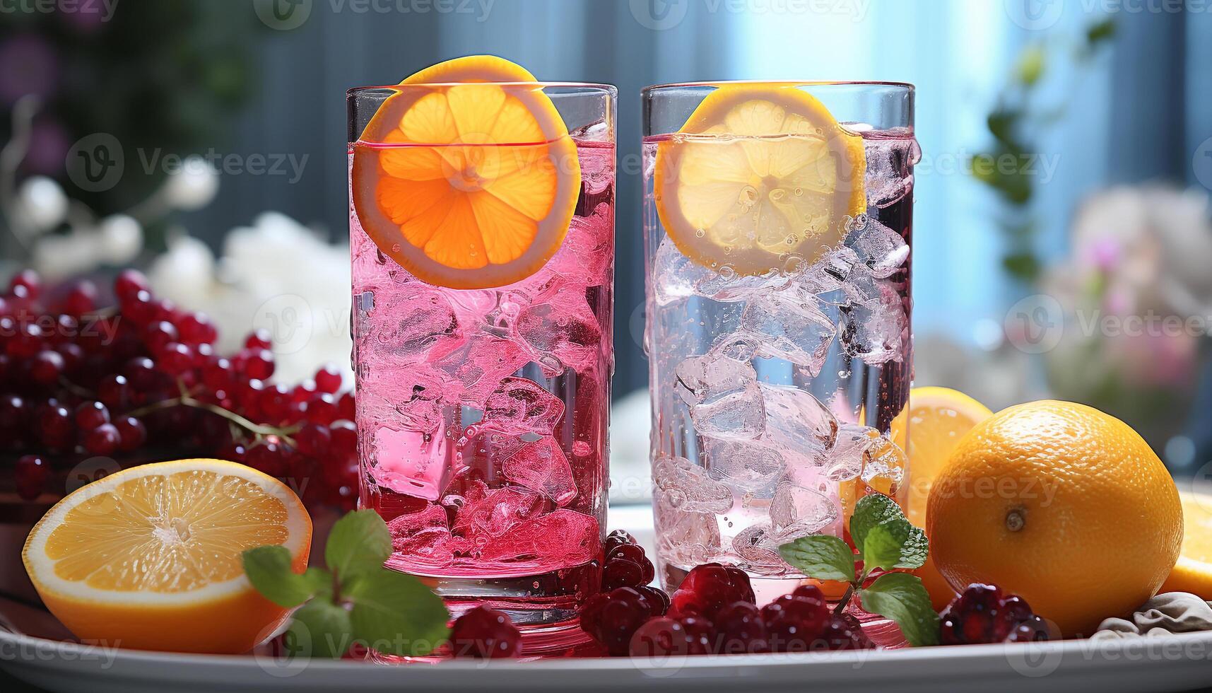 AI generated Freshness in a glass lemonade, mojito, raspberry, and strawberry generated by AI photo