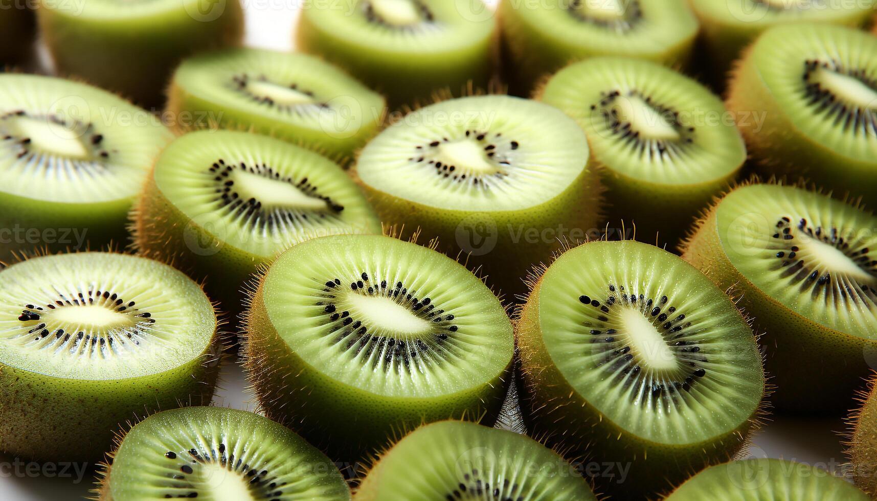 ai generado Fresco kiwi rebanada en verde fondo, un sano y dulce bocadillo generado por ai foto