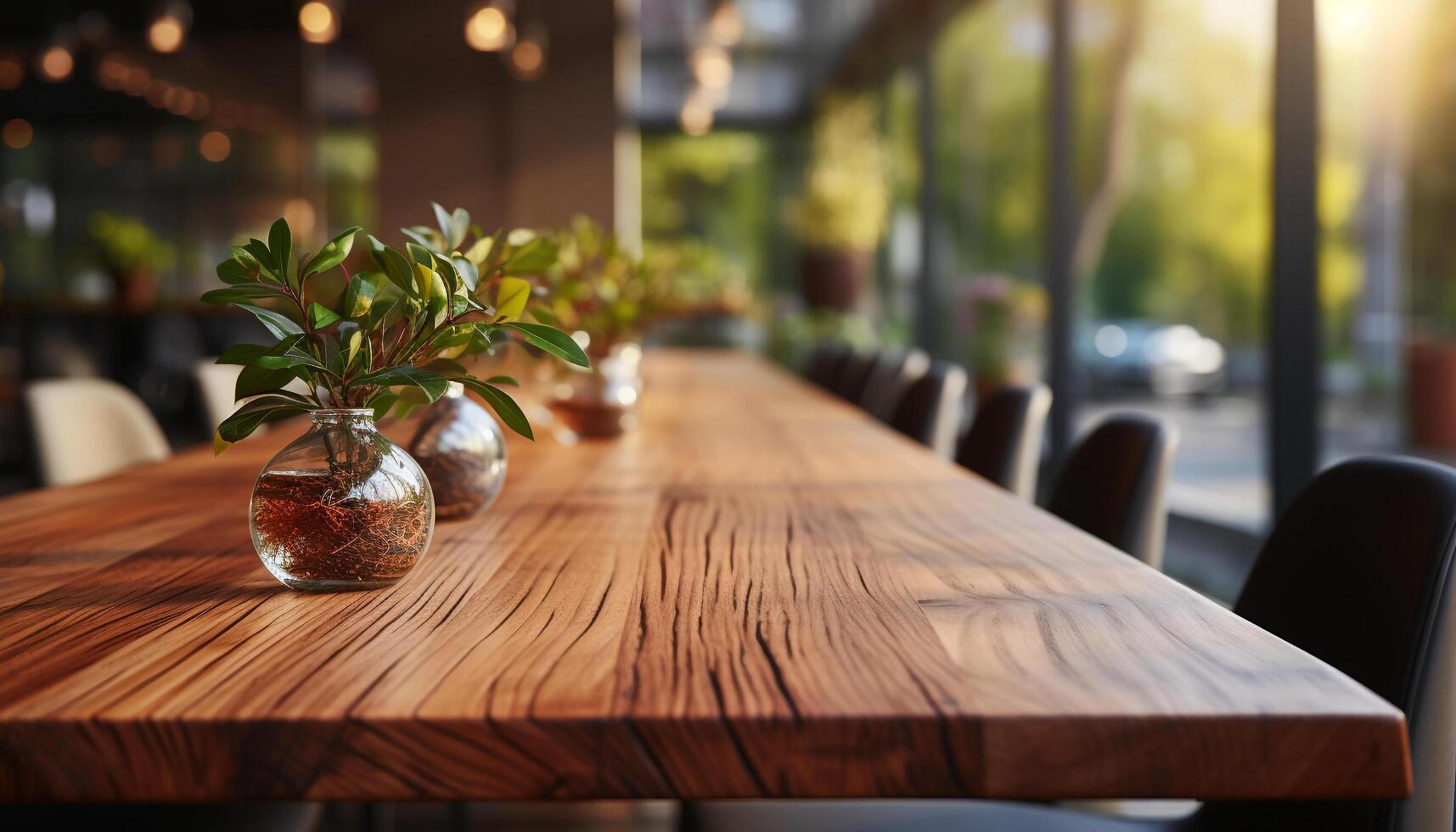 AI generated Modern coffee shop with wooden tables, green plants, and sunlight generated by AI photo