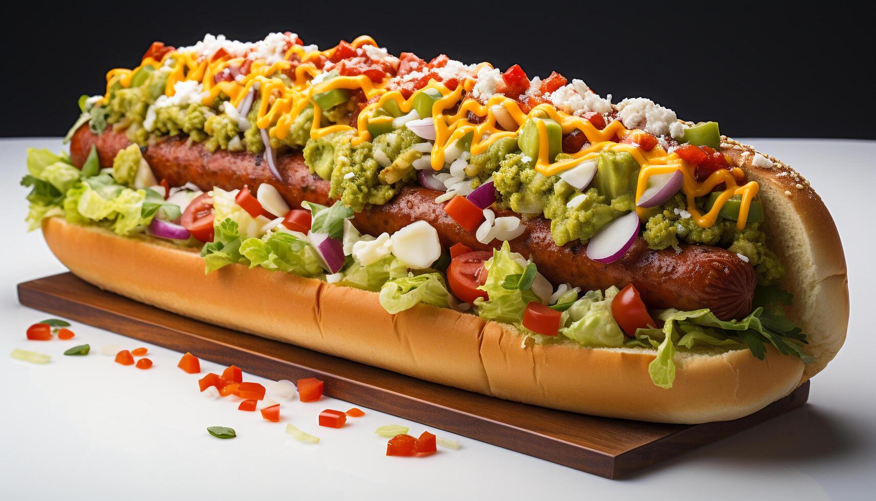 AI generated Grilled gourmet hot dog with fresh tomato and onion generated by AI photo