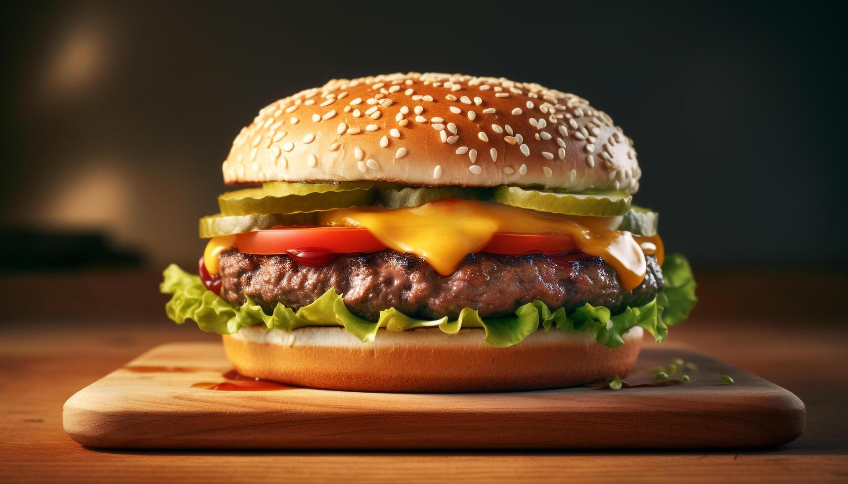 AI generated Freshly grilled gourmet burger on a wooden table, ready to eat generated by AI photo