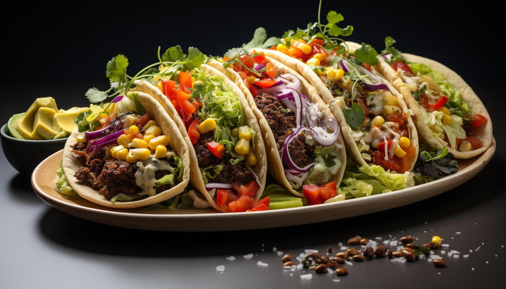 AI generated Gourmet Mexican meal grilled beef, tomato, avocado on flatbread generated by AI photo