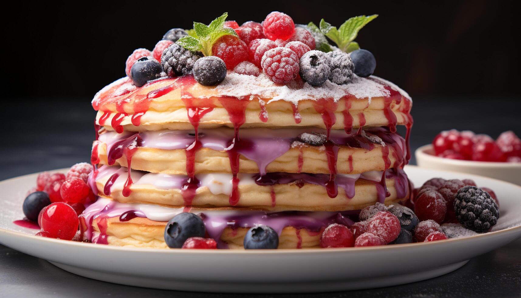 AI generated Homemade pancake stack with fresh berries, chocolate, and whipped cream generated by AI photo