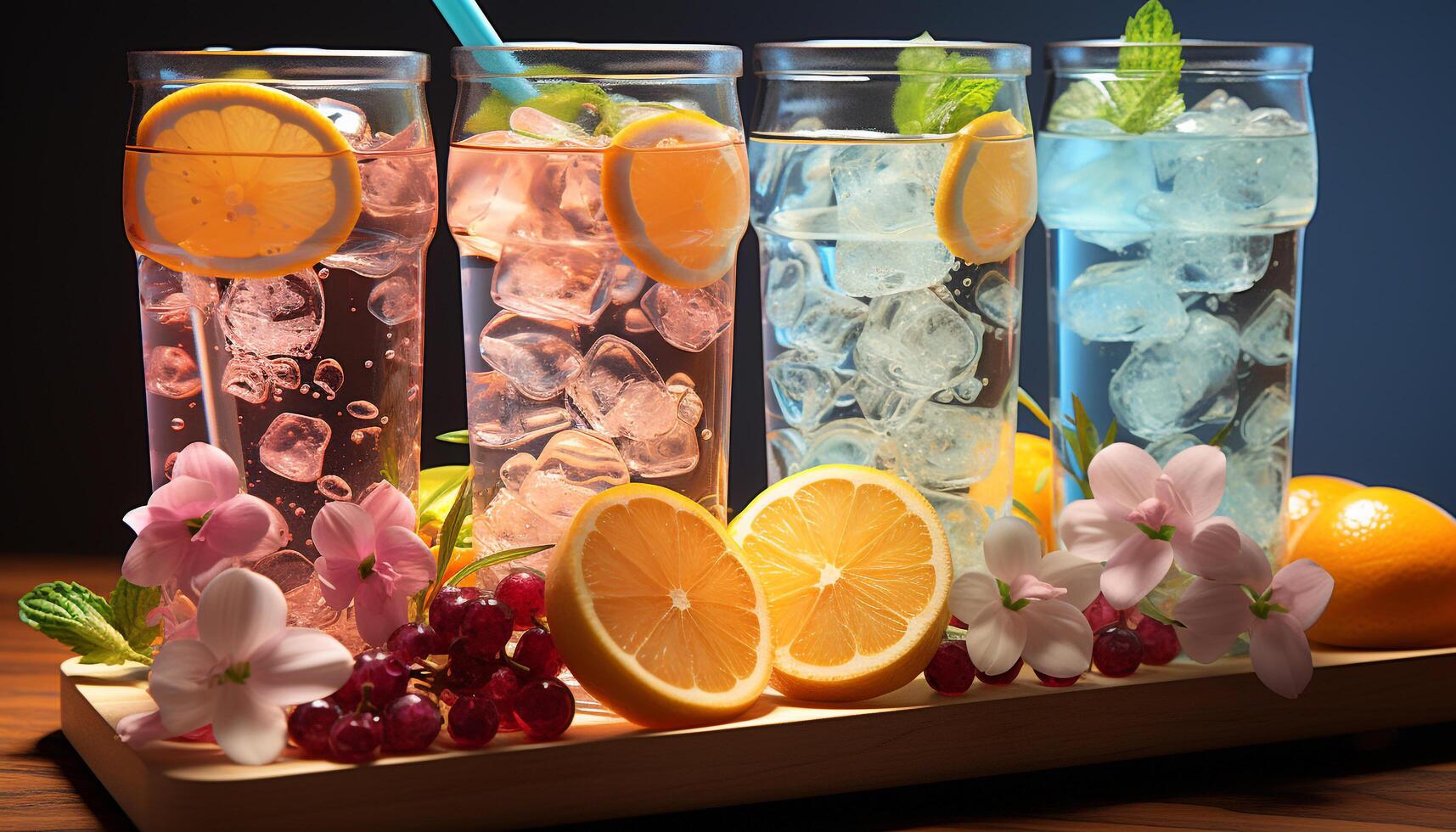 AI generated Refreshing citrus cocktail on wooden table with colorful garnishes generated by AI photo