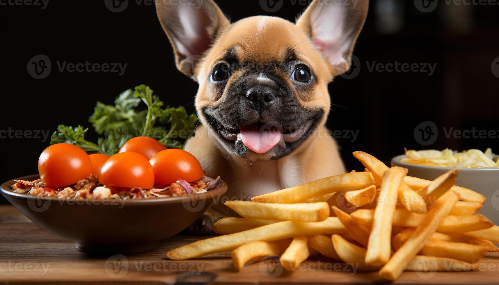 AI generated Cute French bulldog puppy eating a meal on table generated by AI photo