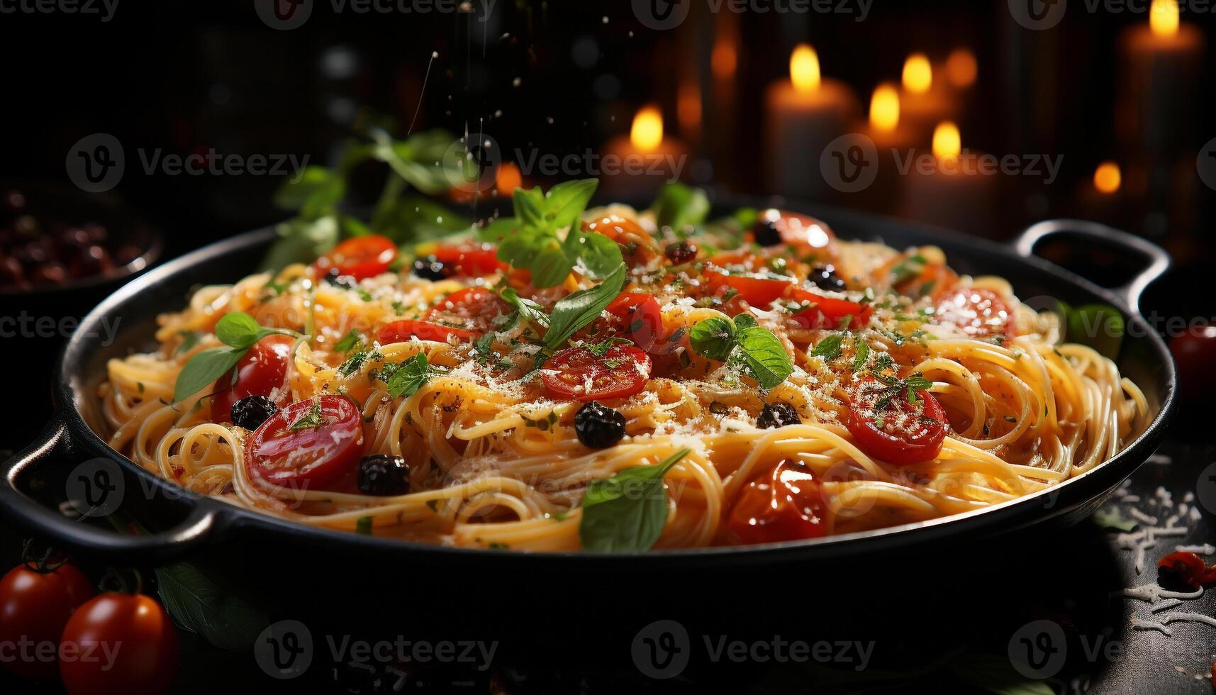 AI generated Healthy eating fresh, cooked pasta with tomato sauce and vegetables generated by AI photo