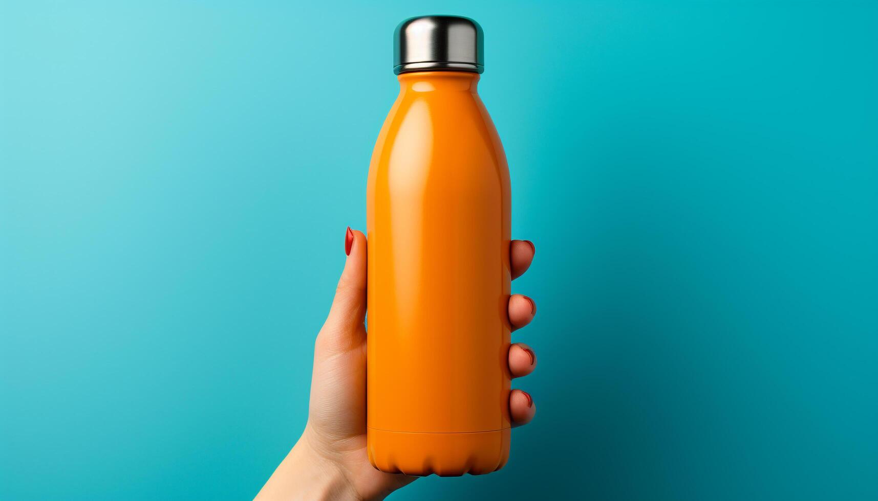 AI generated A healthy hand holding a fresh orange drink in a bottle generated by AI photo