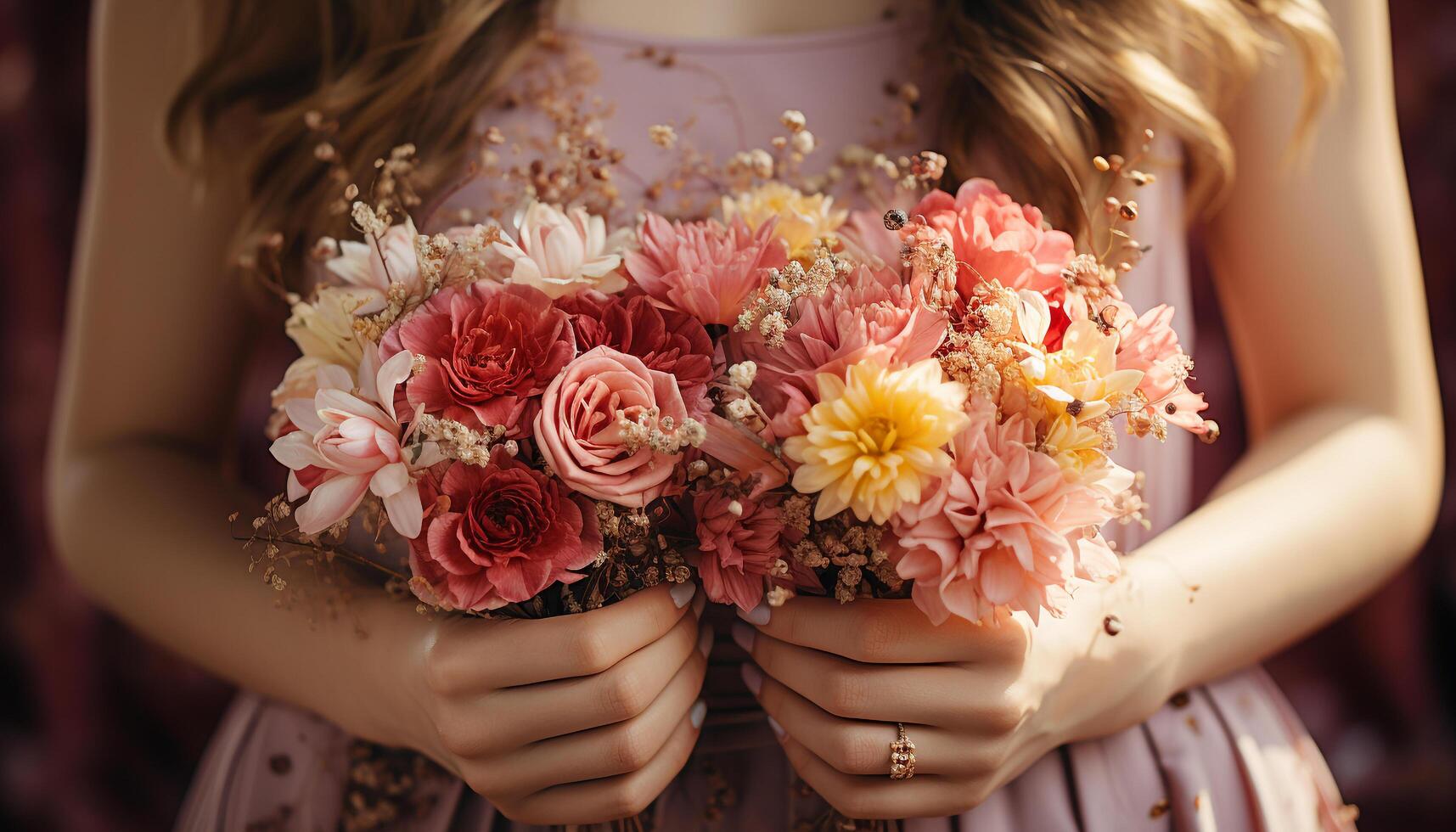 AI generated A beautiful girl holding a bouquet of fresh flowers outdoors generated by AI photo