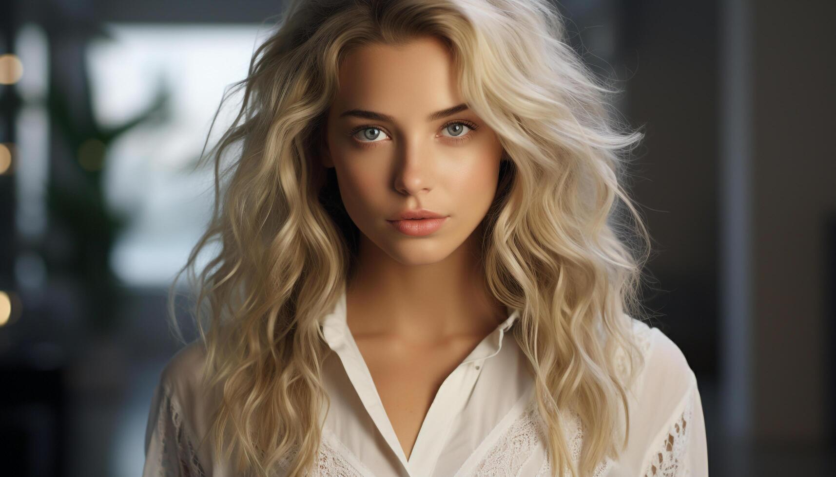 AI generated Beautiful young woman with long blond hair looking at camera generated by AI photo