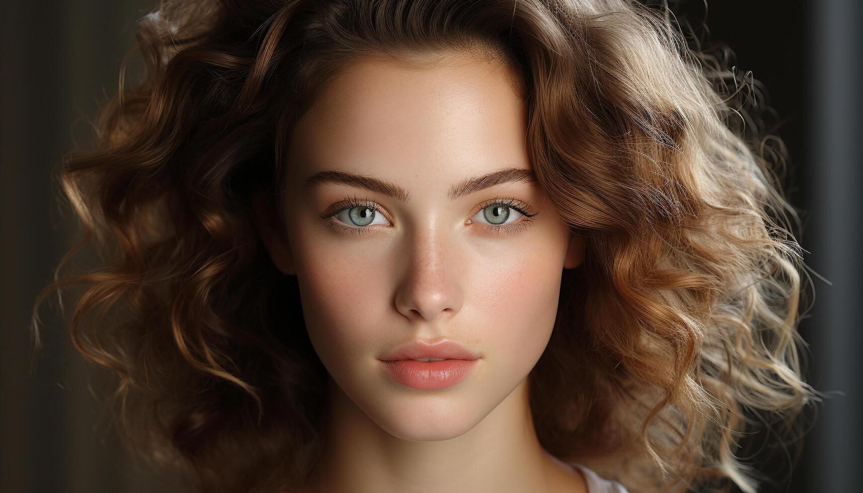 AI generated Beautiful Caucasian woman with curly brown hair looking at camera generated by AI photo