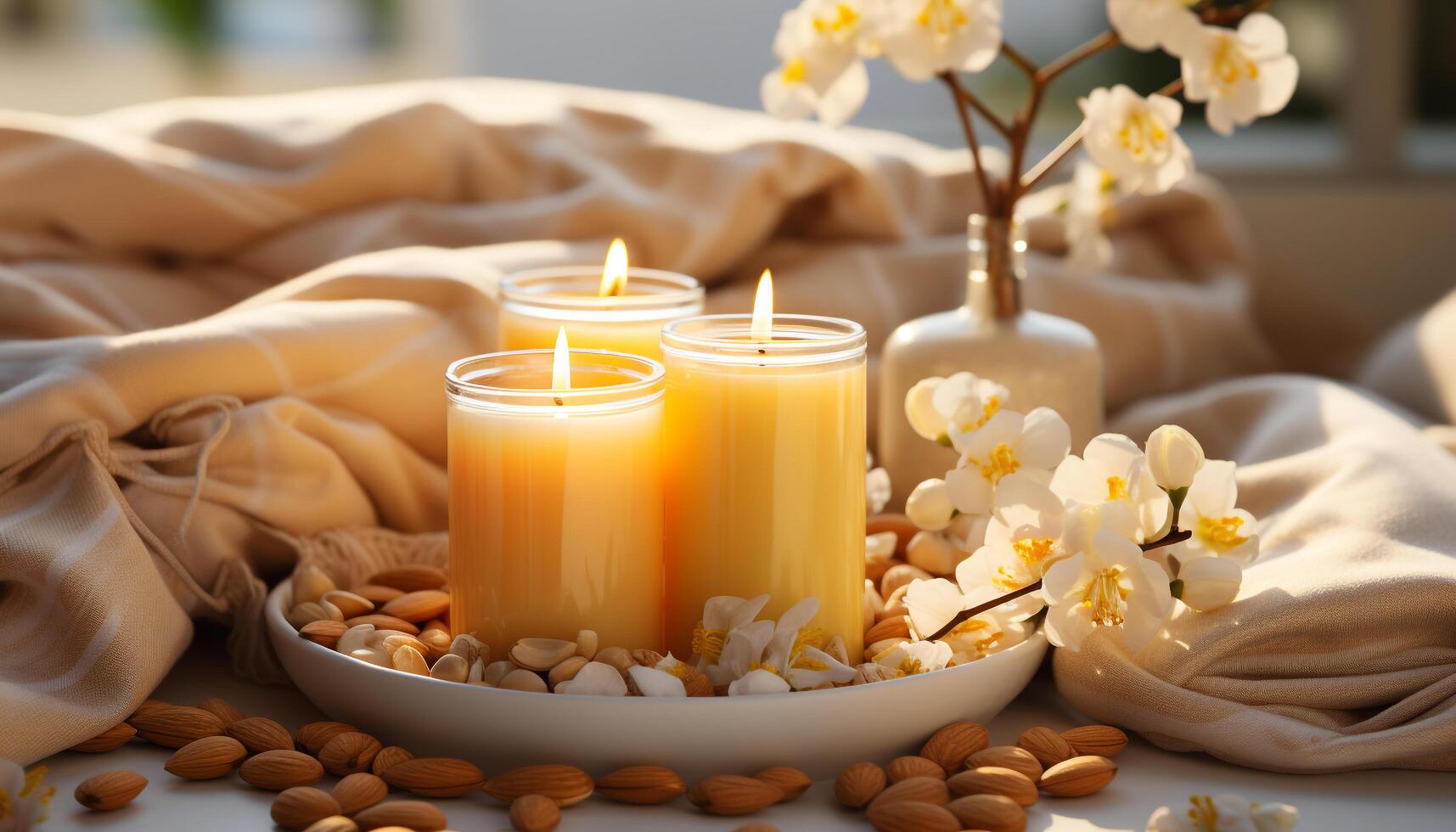 ai generado orgánico vela fuego enciende relajación, mimos cuerpo con sano aromaterapia generado por ai foto