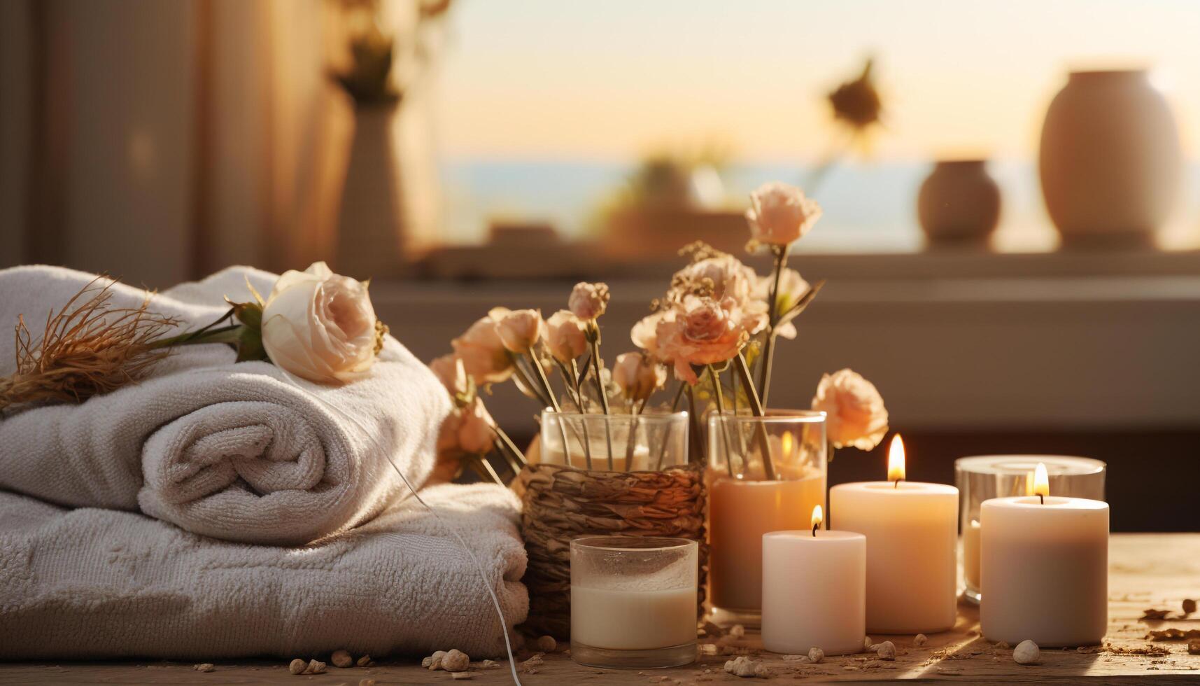 AI generated Luxury spa treatment candlelight, relaxation, aromatherapy, flower, wellbeing, beauty generated by AI photo