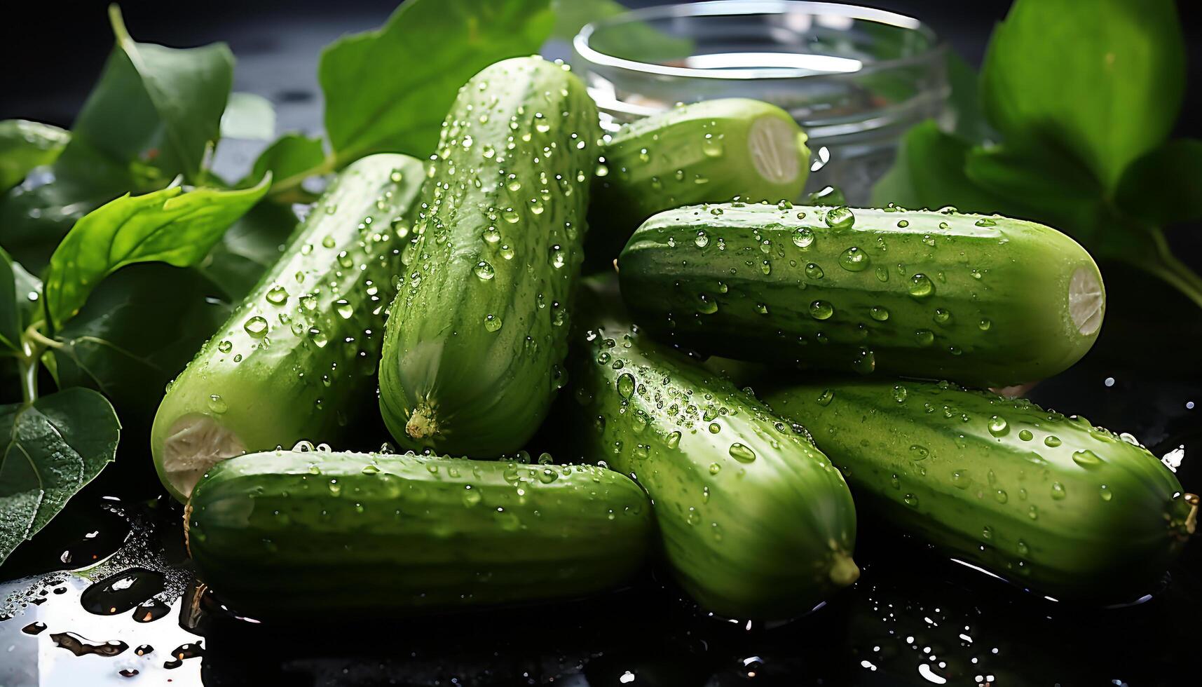 AI generated Fresh cucumber slice on wet green leaf, nature healthy snack generated by AI photo