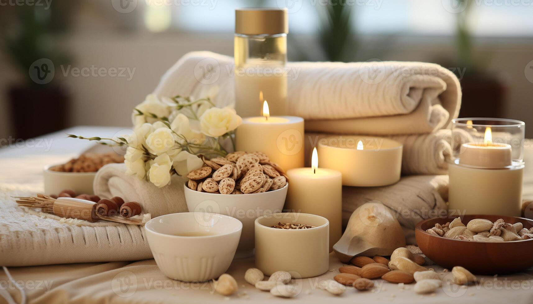 AI generated Luxury spa treatment candle, towel, relaxation, aromatherapy, healthy lifestyle generated by AI photo