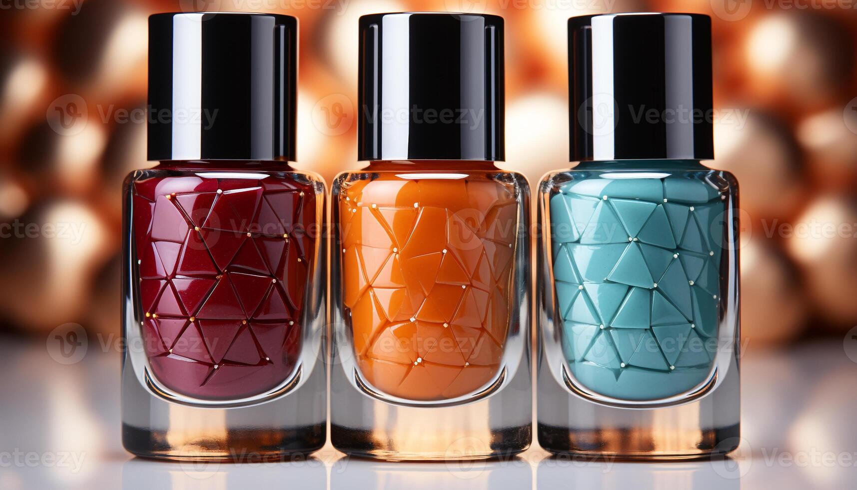 AI generated Fashionable beauty product collection elegant glass bottles with shiny liquid generated by AI photo