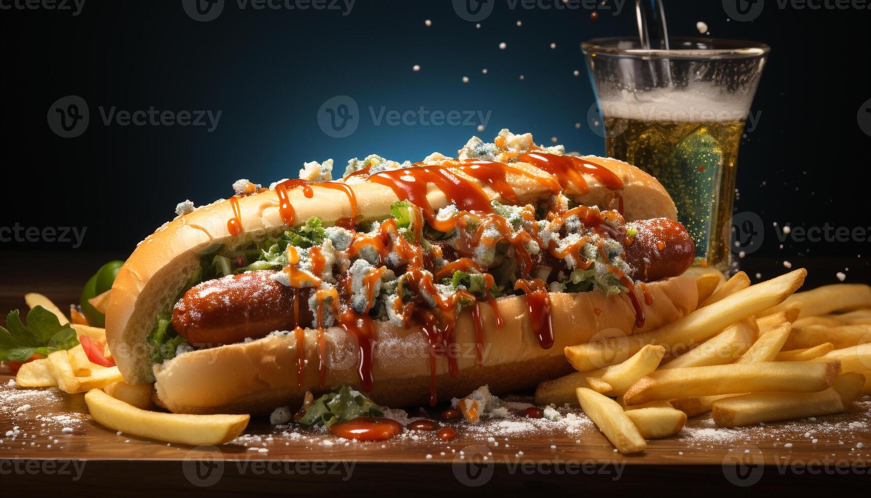 AI generated Grilled beef, fries, hot dog, gourmet lunch, ketchup, freshness generated by AI photo