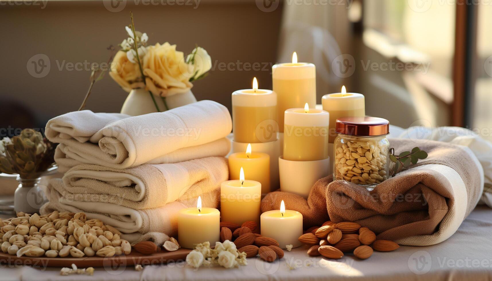 AI generated Luxury spa treatment candle, towel, relaxation, aromatherapy, healthy lifestyle generated by AI photo